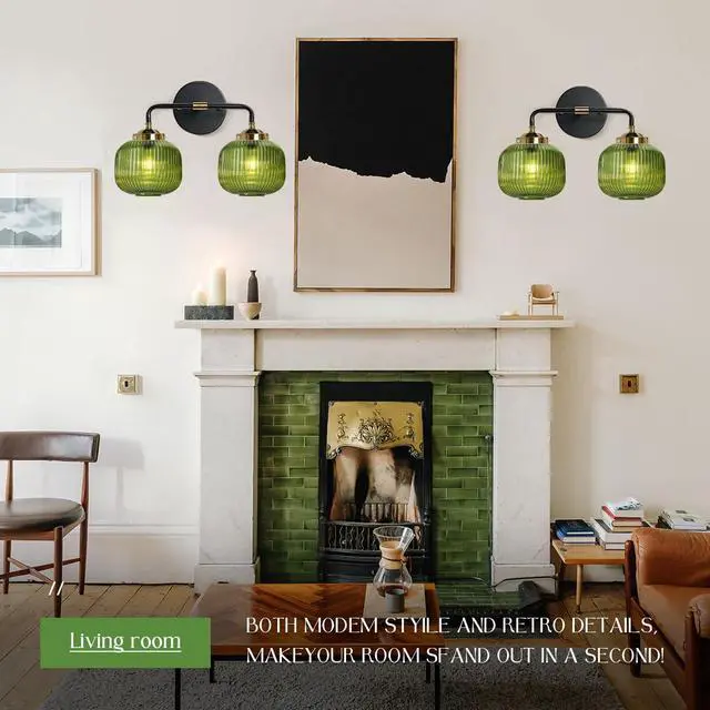 Alt view image 7 of 7 - 2-Lights Globe Wall Sconce Bathroom Light fixtures Vanity Lamp Mid Century Modern Wall Lights with Green Striped Glass Shade Vintage Vanity Lights for Over Mirror Hallway Overhead