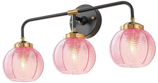 Main image of Modern Bathroom Light Fixture Pink Wall Lights with Ribbed Glass Shade 3-Lights Vintage Black Vanity Light Over Mirror Wall Sconce Decor Lighting Fixtures for Bath Farmhouse Bedroom