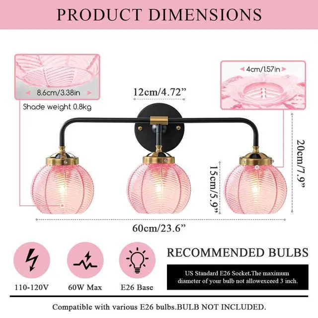 Alt view image 2 of 7 - Modern Bathroom Light Fixture Pink Wall Lights with Ribbed Glass Shade 3-Lights Vintage Black Vanity Light Over Mirror Wall Sconce Decor Lighting Fixtures for Bath Farmhouse Bedroom