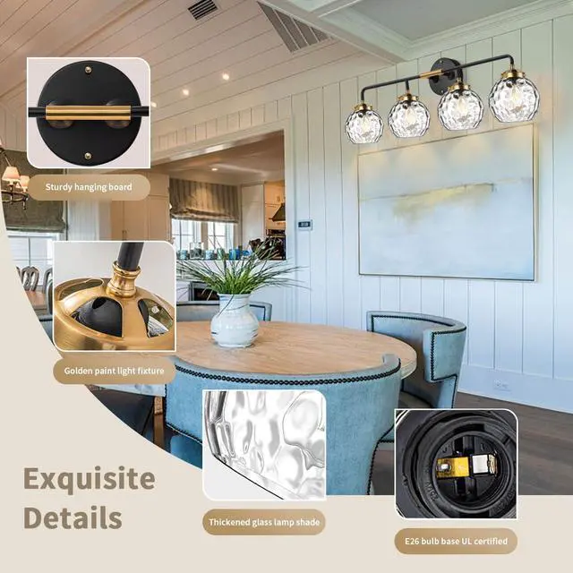 Alt view image 4 of 7 - Gold Bathroom Light Fixtures 4 Bulbs Clear Globe Shade MCM Vintage 4 Light Black Over Mirror Vanity Lighting Fixture Funky Bathroom Vanity Lights Hallway Shower Room Wall Mounted Light