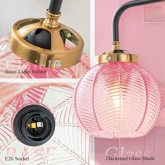 Alt view image 3 of 7 - Modern Bathroom Light Fixture Pink Wall Lights with Ribbed Glass Shade 3-Lights Vintage Black Vanity Light Over Mirror Wall Sconce Decor Lighting Fixtures for Bath Farmhouse Bedroom