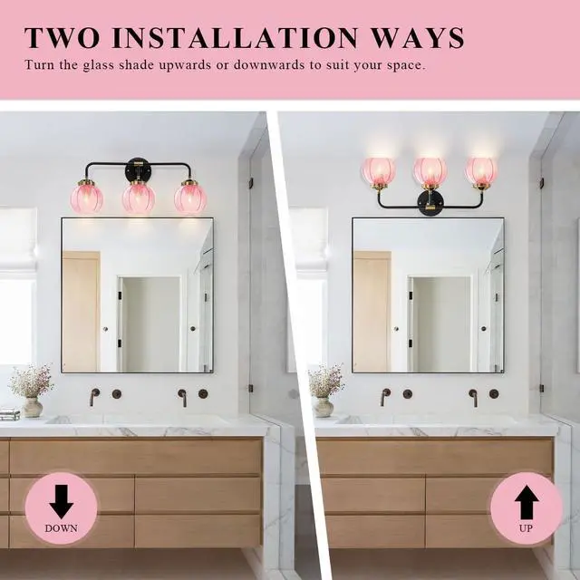 Alt view image 4 of 7 - Modern Bathroom Light Fixture Pink Wall Lights with Ribbed Glass Shade 3-Lights Vintage Black Vanity Light Over Mirror Wall Sconce Decor Lighting Fixtures for Bath Farmhouse Bedroom
