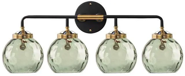 Main image of Green Glass Vanity Light Fixture Mid Century Bathroom Wall Light Fixtures 4-Lights Sconce with 5.9" Hammered Glass Globe Shade Vintage Flush Wall Mount Lights for Over Mirror Farmhouse
