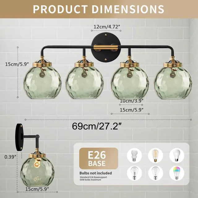 Alt view image 2 of 7 - Green Glass Vanity Light Fixture Mid Century Bathroom Wall Light Fixtures 4-Lights Sconce with 5.9" Hammered Glass Globe Shade Vintage Flush Wall Mount Lights for Over Mirror Farmhouse