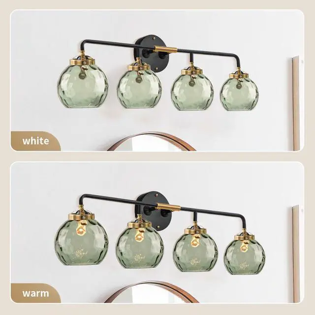 Alt view image 3 of 7 - Green Glass Vanity Light Fixture Mid Century Bathroom Wall Light Fixtures 4-Lights Sconce with 5.9" Hammered Glass Globe Shade Vintage Flush Wall Mount Lights for Over Mirror Farmhouse