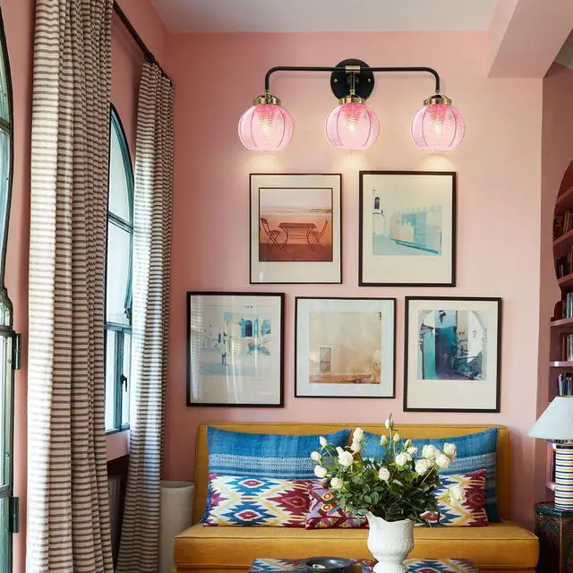 Alt view image 5 of 7 - Modern Bathroom Light Fixture Pink Wall Lights with Ribbed Glass Shade 3-Lights Vintage Black Vanity Light Over Mirror Wall Sconce Decor Lighting Fixtures for Bath Farmhouse Bedroom