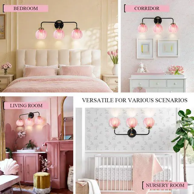 Alt view image 7 of 7 - Modern Bathroom Light Fixture Pink Wall Lights with Ribbed Glass Shade 3-Lights Vintage Black Vanity Light Over Mirror Wall Sconce Decor Lighting Fixtures for Bath Farmhouse Bedroom