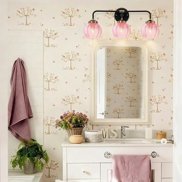 Alt view image 6 of 7 - Modern Bathroom Light Fixture Pink Wall Lights with Ribbed Glass Shade 3-Lights Vintage Black Vanity Light Over Mirror Wall Sconce Decor Lighting Fixtures for Bath Farmhouse Bedroom