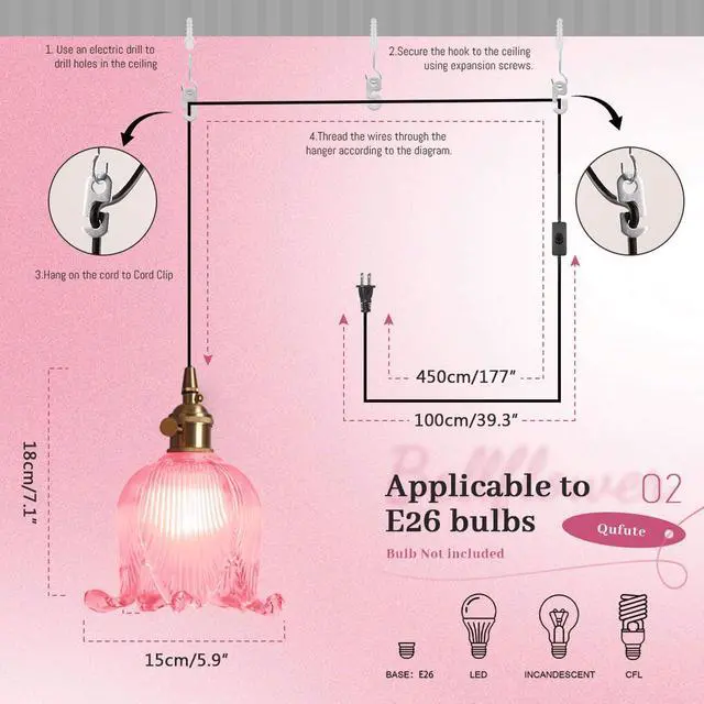 Alt view image 2 of 7 - Small Plug in Pendant Light Flower Shaped Pink Glass Hanging Lamp with 15FT Adjustable Switch Cord UL Listed E26 Gold Brass Plug in Pendant Lighting for Kitchen Island Bedroom Foyer