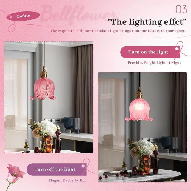 Alt view image 3 of 7 - Small Plug in Pendant Light Flower Shaped Pink Glass Hanging Lamp with 15FT Adjustable Switch Cord UL Listed E26 Gold Brass Plug in Pendant Lighting for Kitchen Island Bedroom Foyer