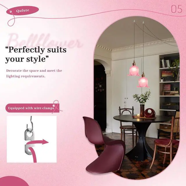 Alt view image 5 of 7 - Small Plug in Pendant Light Flower Shaped Pink Glass Hanging Lamp with 15FT Adjustable Switch Cord UL Listed E26 Gold Brass Plug in Pendant Lighting for Kitchen Island Bedroom Foyer