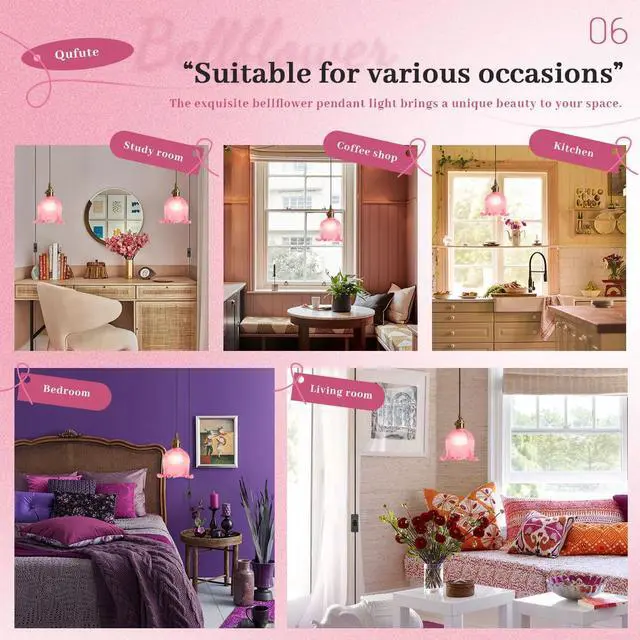 Alt view image 6 of 7 - Small Plug in Pendant Light Flower Shaped Pink Glass Hanging Lamp with 15FT Adjustable Switch Cord UL Listed E26 Gold Brass Plug in Pendant Lighting for Kitchen Island Bedroom Foyer