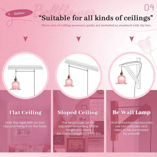 Alt view image 7 of 7 - Small Plug in Pendant Light Flower Shaped Pink Glass Hanging Lamp with 15FT Adjustable Switch Cord UL Listed E26 Gold Brass Plug in Pendant Lighting for Kitchen Island Bedroom Foyer