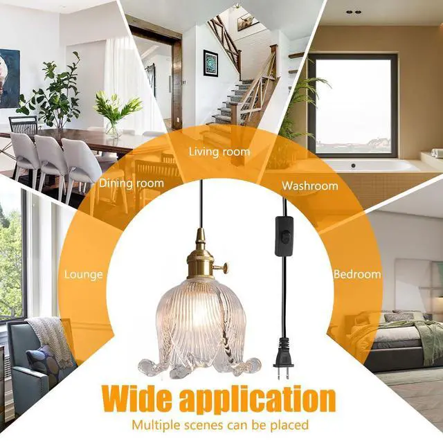 Alt view image 6 of 7 - Glass Pendant Light Plug in Gold Pendant Lamp Clear Flower Glass Shade Mid Century Modern Pendant Light Plug in with 15 ft Inline On/Off Switch Cord Plug-in Pendant Light Fixture