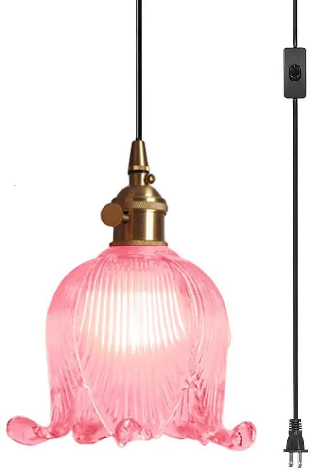 Main image of Small Plug in Pendant Light Flower Shaped Pink Glass Hanging Lamp with 15FT Adjustable Switch Cord UL Listed E26 Gold Brass Plug in Pendant Lighting for Kitchen Island Bedroom Foyer