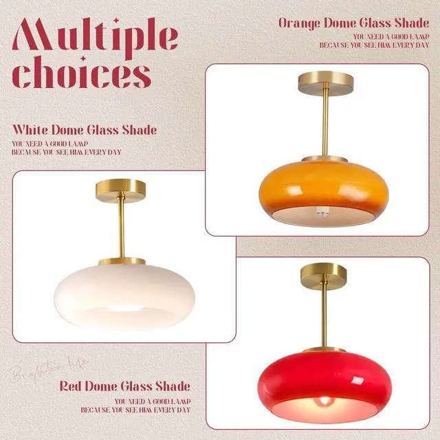 Alt view image 7 of 7 - Hallway Ceiling Light Fixtures Glass Semi Flush Mount Ceiling Light with Red Dome Shade, Mid Century Modern Semi Flush Mount Lamp for Bedroom Dining Room Gold Brass Lights Fixture