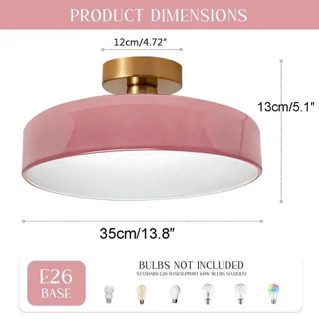 Alt view image 2 of 7 - 13.8 Pink Flush Mount Ceiling Light Fixture Round Dome Glass Shade Brushed Gold Brass Close to Ceiling Lamp,E26 UL Listed Fixture Mid Century Modern Overhead Lighting Hallway Entry