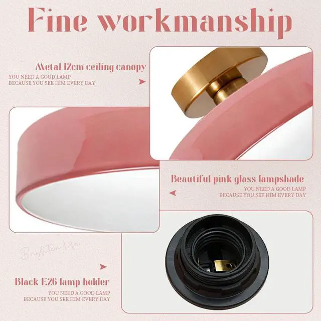 Alt view image 3 of 7 - 13.8 Pink Flush Mount Ceiling Light Fixture Round Dome Glass Shade Brushed Gold Brass Close to Ceiling Lamp,E26 UL Listed Fixture Mid Century Modern Overhead Lighting Hallway Entry