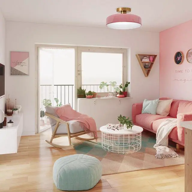 Alt view image 4 of 7 - 13.8 Pink Flush Mount Ceiling Light Fixture Round Dome Glass Shade Brushed Gold Brass Close to Ceiling Lamp,E26 UL Listed Fixture Mid Century Modern Overhead Lighting Hallway Entry