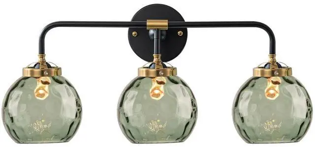 Main image of Glass Vanity Light Mid Century Bathroom Wall Light Fixtures Black 3-Light Sconce with 5.9" Green Globe Shade Vintage Vanity Wall Lighting Indoor Glass Wall Lamp Over Mirror Sconce