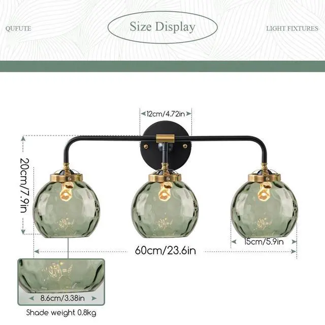 Alt view image 2 of 7 - Glass Vanity Light Mid Century Bathroom Wall Light Fixtures Black 3-Light Sconce with 5.9" Green Globe Shade Vintage Vanity Wall Lighting Indoor Glass Wall Lamp Over Mirror Sconce