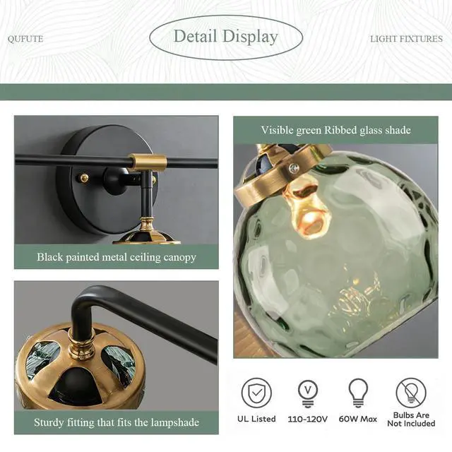 Alt view image 3 of 7 - Glass Vanity Light Mid Century Bathroom Wall Light Fixtures Black 3-Light Sconce with 5.9" Green Globe Shade Vintage Vanity Wall Lighting Indoor Glass Wall Lamp Over Mirror Sconce