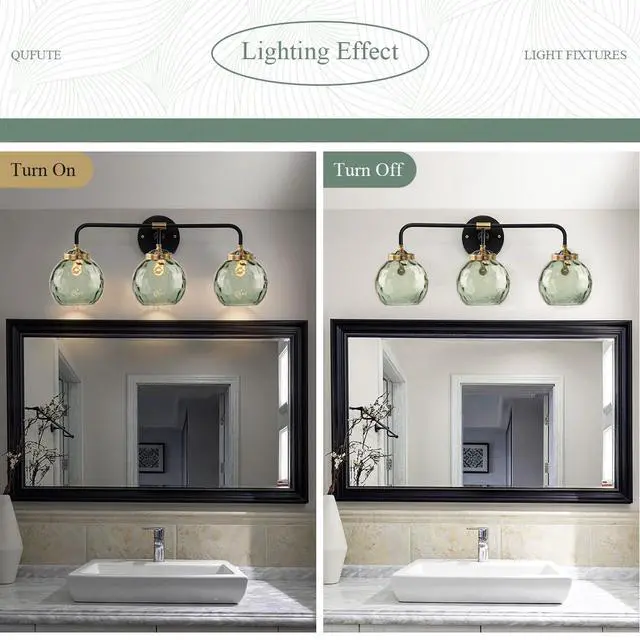 Alt view image 4 of 7 - Glass Vanity Light Mid Century Bathroom Wall Light Fixtures Black 3-Light Sconce with 5.9" Green Globe Shade Vintage Vanity Wall Lighting Indoor Glass Wall Lamp Over Mirror Sconce