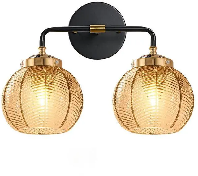 Main image of Mid Century Light Fixture Bathroom Wall Sconce 2-Lights with Amber Ribbed Glass Shade Globe Wall Mount Light Modern Vanity Lights for Over Mirror Bedroom Hallway Overhead