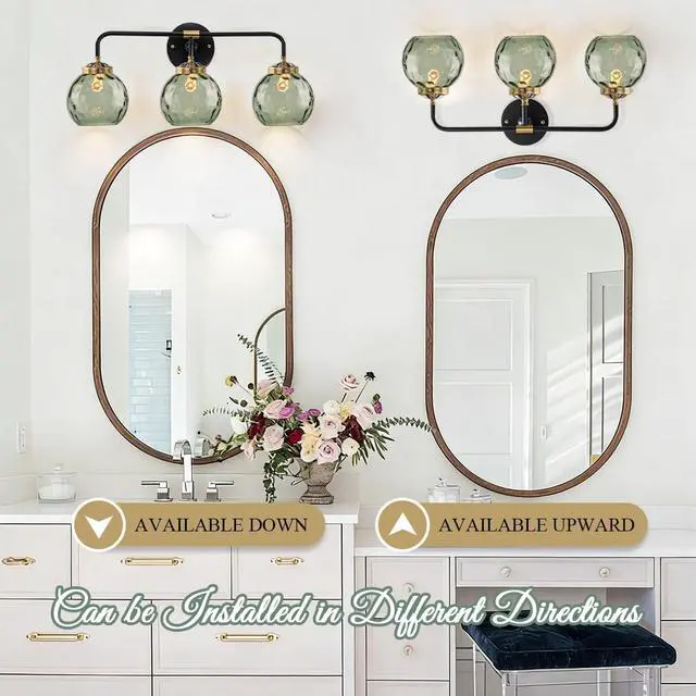 Alt view image 5 of 7 - Glass Vanity Light Mid Century Bathroom Wall Light Fixtures Black 3-Light Sconce with 5.9" Green Globe Shade Vintage Vanity Wall Lighting Indoor Glass Wall Lamp Over Mirror Sconce