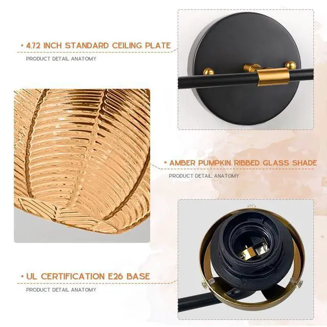 Alt view image 3 of 7 - Mid Century Light Fixture Bathroom Wall Sconce 2-Lights with Amber Ribbed Glass Shade Globe Wall Mount Light Modern Vanity Lights for Over Mirror Bedroom Hallway Overhead