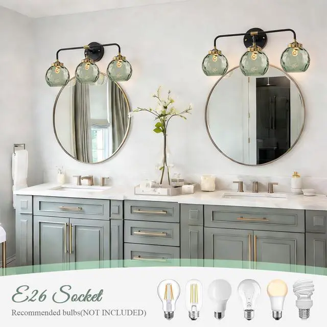 Alt view image 6 of 7 - Glass Vanity Light Mid Century Bathroom Wall Light Fixtures Black 3-Light Sconce with 5.9" Green Globe Shade Vintage Vanity Wall Lighting Indoor Glass Wall Lamp Over Mirror Sconce