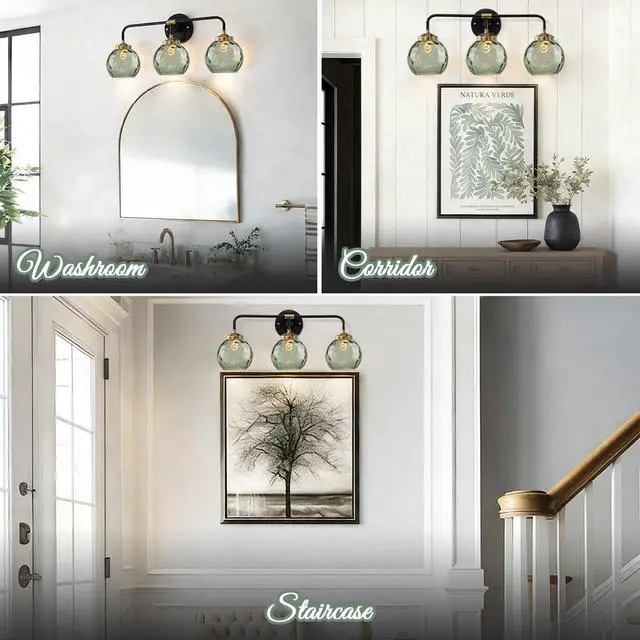 Alt view image 7 of 7 - Glass Vanity Light Mid Century Bathroom Wall Light Fixtures Black 3-Light Sconce with 5.9" Green Globe Shade Vintage Vanity Wall Lighting Indoor Glass Wall Lamp Over Mirror Sconce