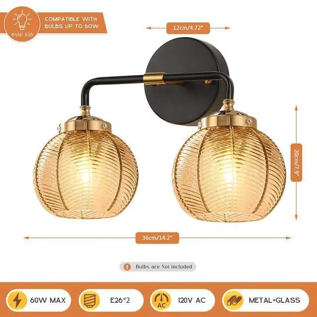Alt view image 2 of 7 - Mid Century Light Fixture Bathroom Wall Sconce 2-Lights with Amber Ribbed Glass Shade Globe Wall Mount Light Modern Vanity Lights for Over Mirror Bedroom Hallway Overhead