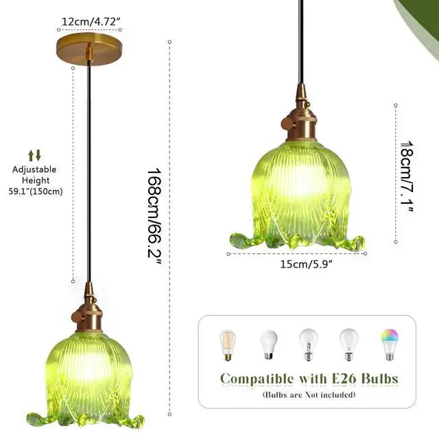 Alt view image 2 of 7 - Vintage Hanging Light Small Glass Pendant Light Fixture Brushed Gold Brass Pendant Lights Green Flower Shade Modern Hanging Lights Kitchen Lighting Brass Round Ceiling Lamp for Island