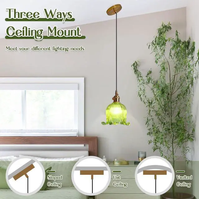 Alt view image 3 of 7 - Vintage Hanging Light Small Glass Pendant Light Fixture Brushed Gold Brass Pendant Lights Green Flower Shade Modern Hanging Lights Kitchen Lighting Brass Round Ceiling Lamp for Island