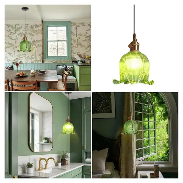 Alt view image 5 of 7 - Vintage Hanging Light Small Glass Pendant Light Fixture Brushed Gold Brass Pendant Lights Green Flower Shade Modern Hanging Lights Kitchen Lighting Brass Round Ceiling Lamp for Island