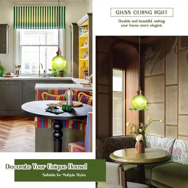 Alt view image 4 of 7 - Vintage Hanging Light Small Glass Pendant Light Fixture Brushed Gold Brass Pendant Lights Green Flower Shade Modern Hanging Lights Kitchen Lighting Brass Round Ceiling Lamp for Island