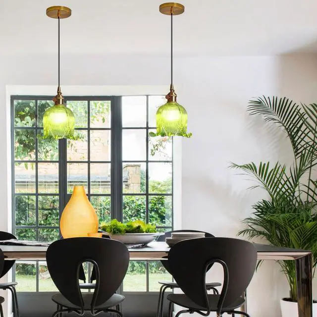 Alt view image 6 of 7 - Vintage Hanging Light Small Glass Pendant Light Fixture Brushed Gold Brass Pendant Lights Green Flower Shade Modern Hanging Lights Kitchen Lighting Brass Round Ceiling Lamp for Island
