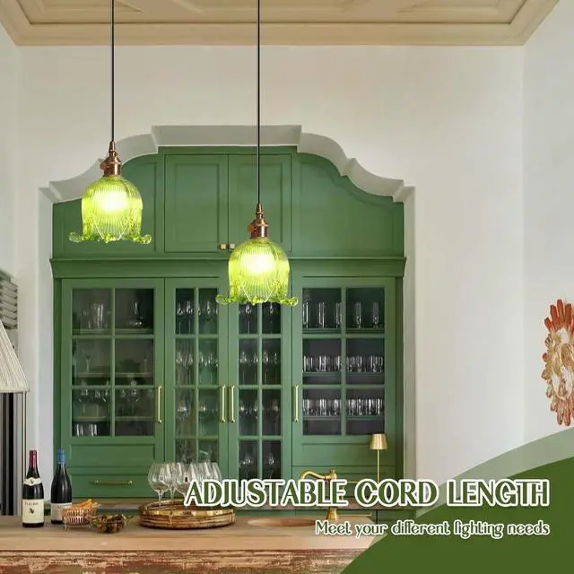 Alt view image 7 of 7 - Vintage Hanging Light Small Glass Pendant Light Fixture Brushed Gold Brass Pendant Lights Green Flower Shade Modern Hanging Lights Kitchen Lighting Brass Round Ceiling Lamp for Island