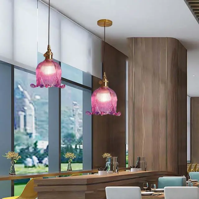 Alt view image 3 of 7 - Gold Modern Pendant Light Mid Century Glass Hanging Lights with Flower Purple Glass Shade 1-Light Vintage Brass Pendant Lighting for Kitchen Island Bedroom Living Dining Room