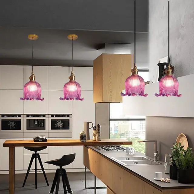 Alt view image 4 of 7 - Gold Modern Pendant Light Mid Century Glass Hanging Lights with Flower Purple Glass Shade 1-Light Vintage Brass Pendant Lighting for Kitchen Island Bedroom Living Dining Room