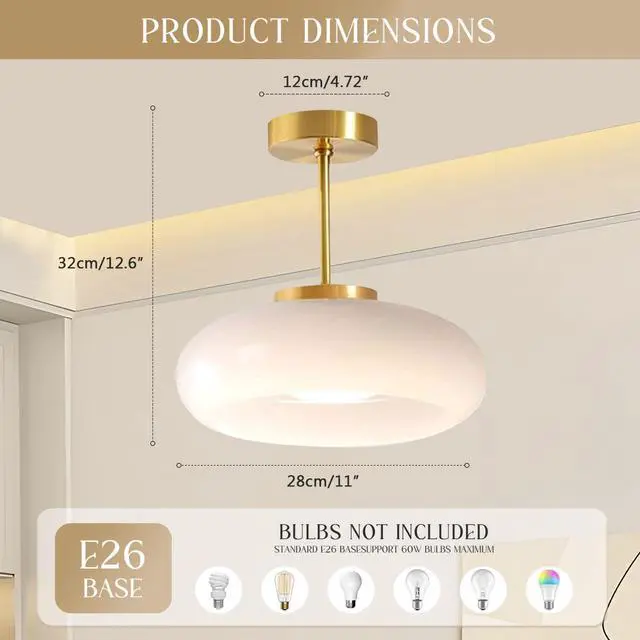 Alt view image 2 of 7 - Semi Flush Mount Ceiling Light Vintage Large Ceiling Lights | Milk White Light Fixture Dome Glass Shade Antique Brass Flush Mount Lights Globe Hallway Bathroom Overhead Light