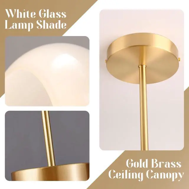 Alt view image 3 of 7 - Semi Flush Mount Ceiling Light Vintage Large Ceiling Lights | Milk White Light Fixture Dome Glass Shade Antique Brass Flush Mount Lights Globe Hallway Bathroom Overhead Light