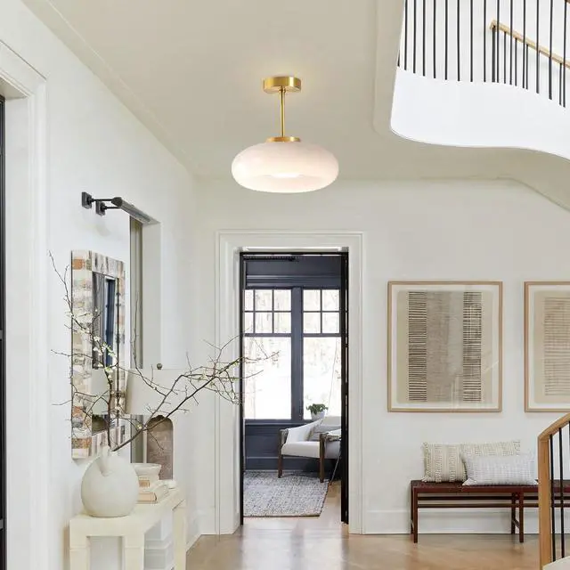 Alt view image 4 of 7 - Semi Flush Mount Ceiling Light Vintage Large Ceiling Lights | Milk White Light Fixture Dome Glass Shade Antique Brass Flush Mount Lights Globe Hallway Bathroom Overhead Light