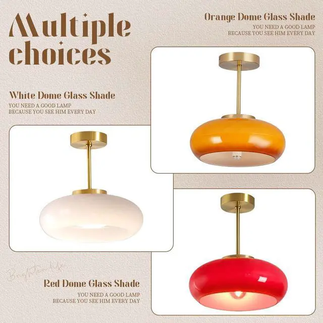 Alt view image 6 of 7 - Semi Flush Mount Ceiling Light Vintage Large Ceiling Lights | Milk White Light Fixture Dome Glass Shade Antique Brass Flush Mount Lights Globe Hallway Bathroom Overhead Light