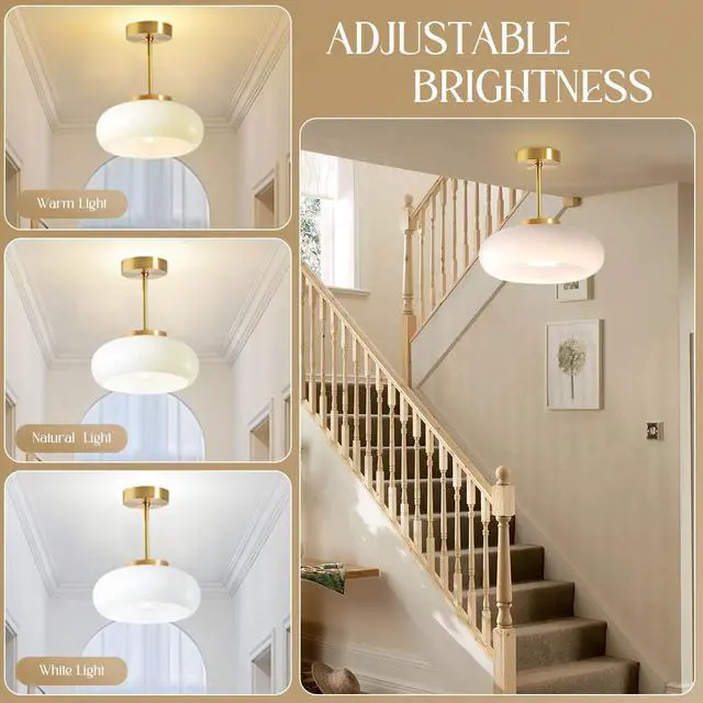 Alt view image 7 of 7 - Semi Flush Mount Ceiling Light Vintage Large Ceiling Lights | Milk White Light Fixture Dome Glass Shade Antique Brass Flush Mount Lights Globe Hallway Bathroom Overhead Light