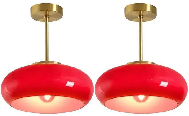 Main image of Glass Semi Flush Mount Ceiling Light Red Light Fixture Brushed Gold Close to Ceiling Light Fixtures Round Dome Glass Shade, Vintage Semi Flush Mount Lamp for Hallway Entry Stairway