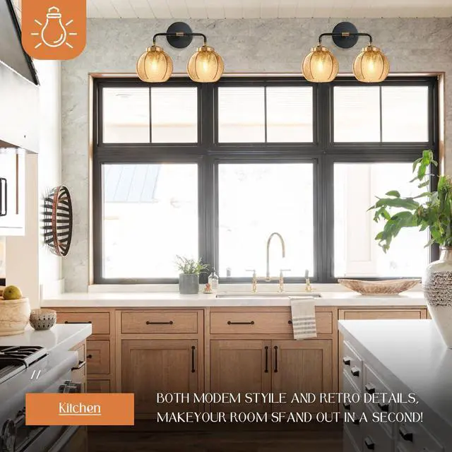 Alt view image 4 of 7 - Mid Century Light Fixture Bathroom Wall Sconce 2-Lights with Amber Ribbed Glass Shade Globe Wall Mount Light Modern Vanity Lights for Over Mirror Bedroom Hallway Overhead