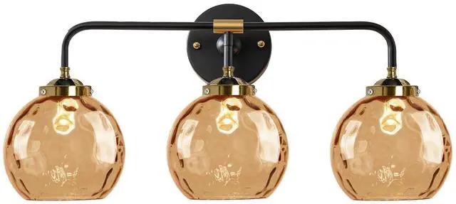 Main image of Vintage Bathroom Light Fixtures 3-Lights Vintage Vanity Wall Lights Over Mirror Gold Black Wall Sconces Light with Amber Globe Glass Shade Hardwired Vanity Lamp Bedroom Living Room