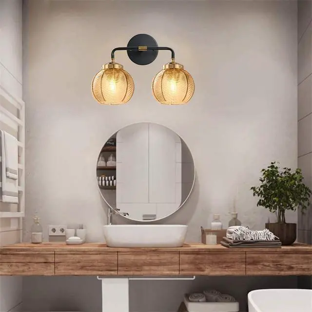 Alt view image 6 of 7 - Mid Century Light Fixture Bathroom Wall Sconce 2-Lights with Amber Ribbed Glass Shade Globe Wall Mount Light Modern Vanity Lights for Over Mirror Bedroom Hallway Overhead